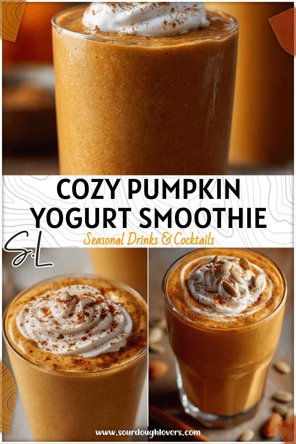 Creamy pumpkin smoothie in a glass topped with cinnamon and yogurt swirl for an autumn feel.